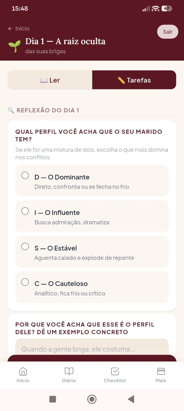 Tarefa interativa do Dia 1 dentro do app